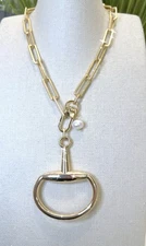 Equestrian Necklace Equine Horse, Snaffle bit Matte Gold Rectangle Chain