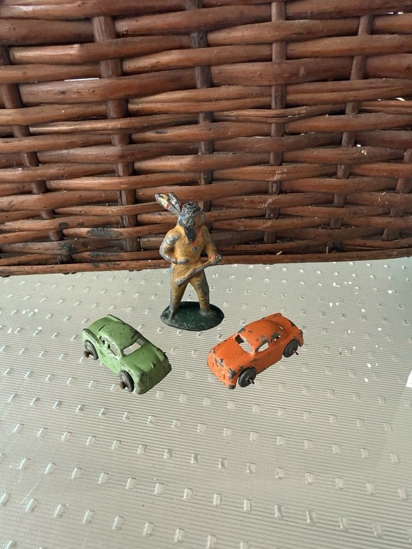 Vintage Lead  Indian Figure Native American Toy and Two Small Cars