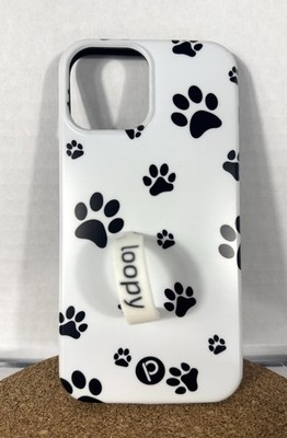 Loopy iPhone 12 Original Phone Case White Black Paw Print Loop Grip