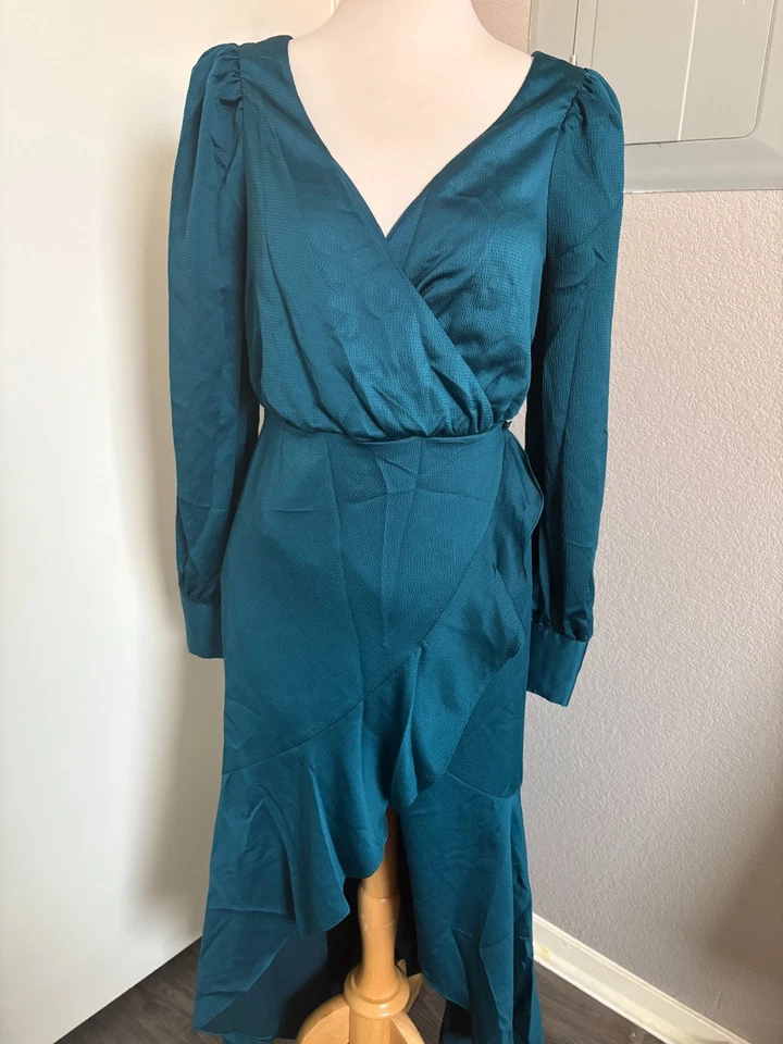 Vestido Express Para Mujer Pequeño Verde Esmeralda Fluido Alto Bajo Maxi Midi Manga Larga Foto 2 de 4