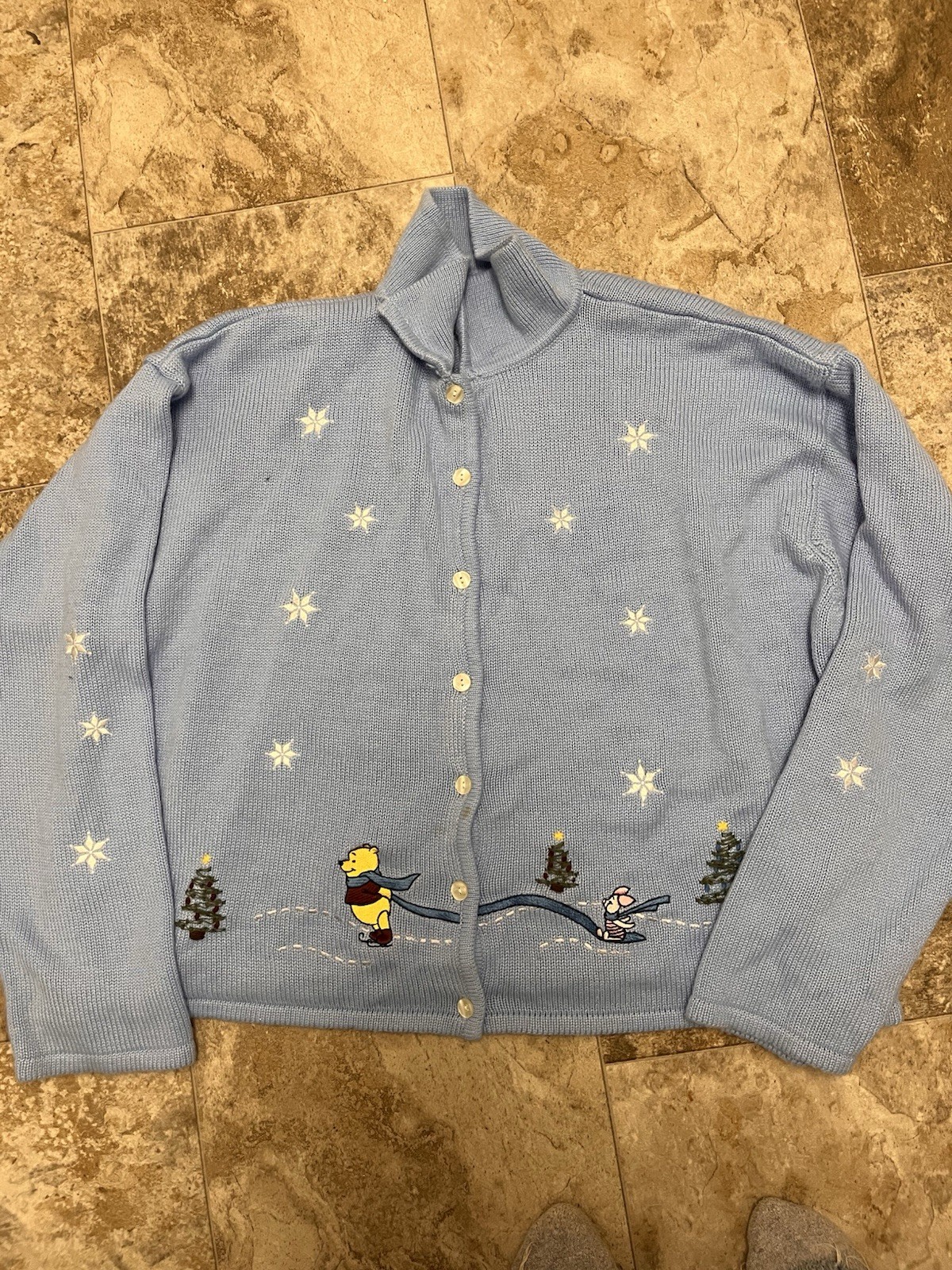 Vintage Disney Store Winnie The Pooh Blue Knit Cardigan Sweater Christmas XXL
