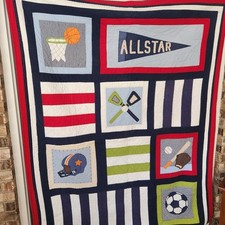 Pottery Barn Queen Quilt Kids Sports Patchwork Blanket Baseball Football Soccer