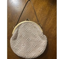 Vintage Pearl White Beaded Oval Evening Purse, Gold Tone Chain, Hong Kong 6 X 7  