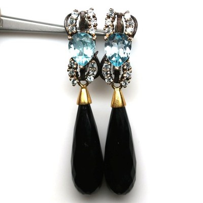 Handmade 925 Silver Black Onyx Sky Blue Topaz Two Tone Jewelry Earrings