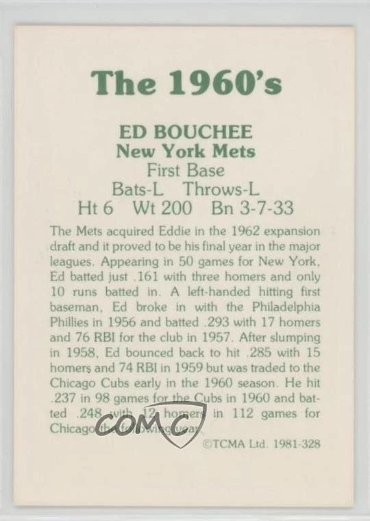 1981 TCMA The 1960's Ed Bouchee #1981-328 - Image 2 of 2