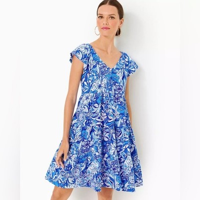 Lilly Pulitzer Kawai Swing Dress Tiered Blue White Floral Small