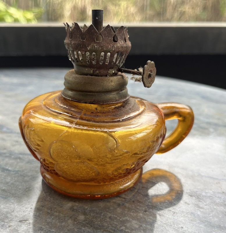 Vintage Amber Glass Oil Lamp Made In Hong Kong Base Only Fruit Motif On Base