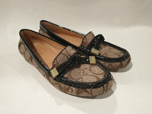 Coach Women's Frida Slip-On Loafers Size 5.5B Khaki Chestnut Leather Canvas