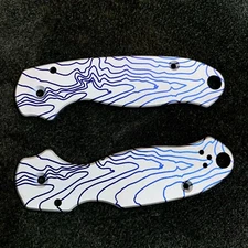 Spyderco Para 3 Scales ~ CNC Milled Titanium Topo Pattern Grey and Blue scales