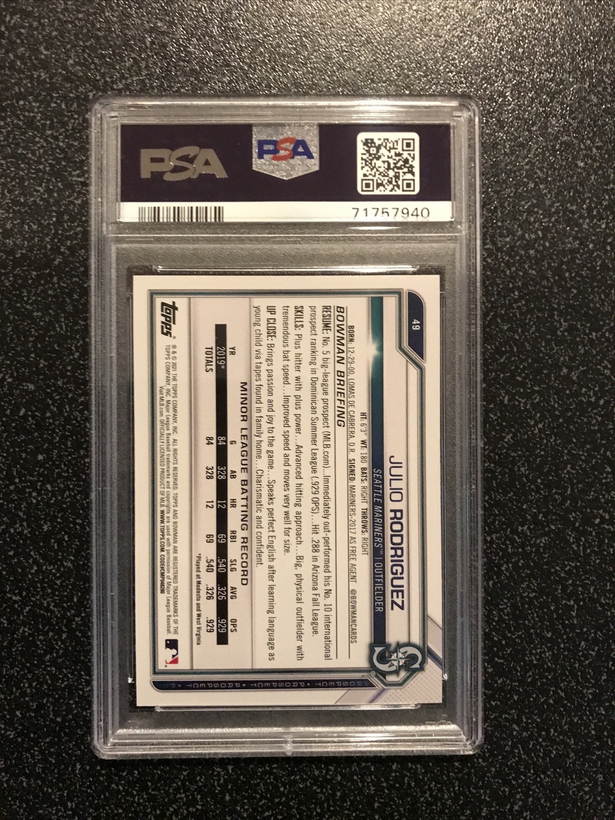 JULIO RODRIGUEZ 2021 Bowman NSCC RC #49 WRAPPER REDEMPTION - GOLD #46/50 PSA 9 view 4
