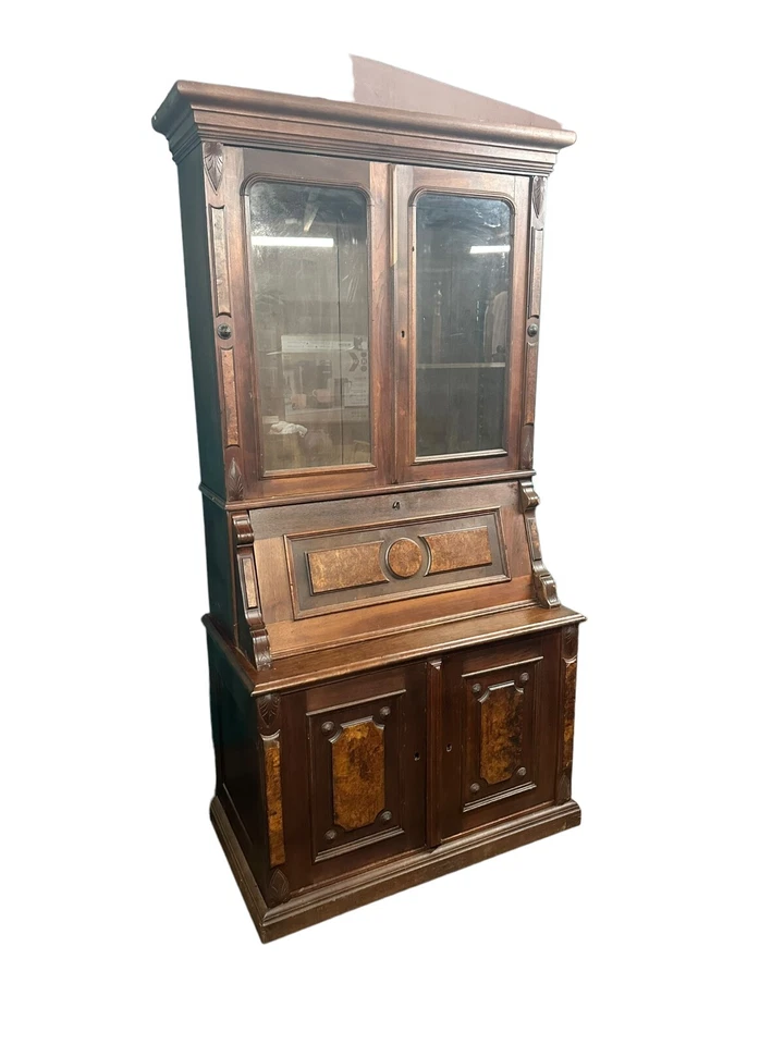 Antique Burl Walnut Bookcase Secretary Desk Victorian 1860 2pc Cabinet - Image 2 of 4