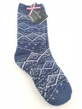 Cuddl Duds Double Layer Lounge Socks Plushfill  Sz 4-10 Serpa Lined Blue w White