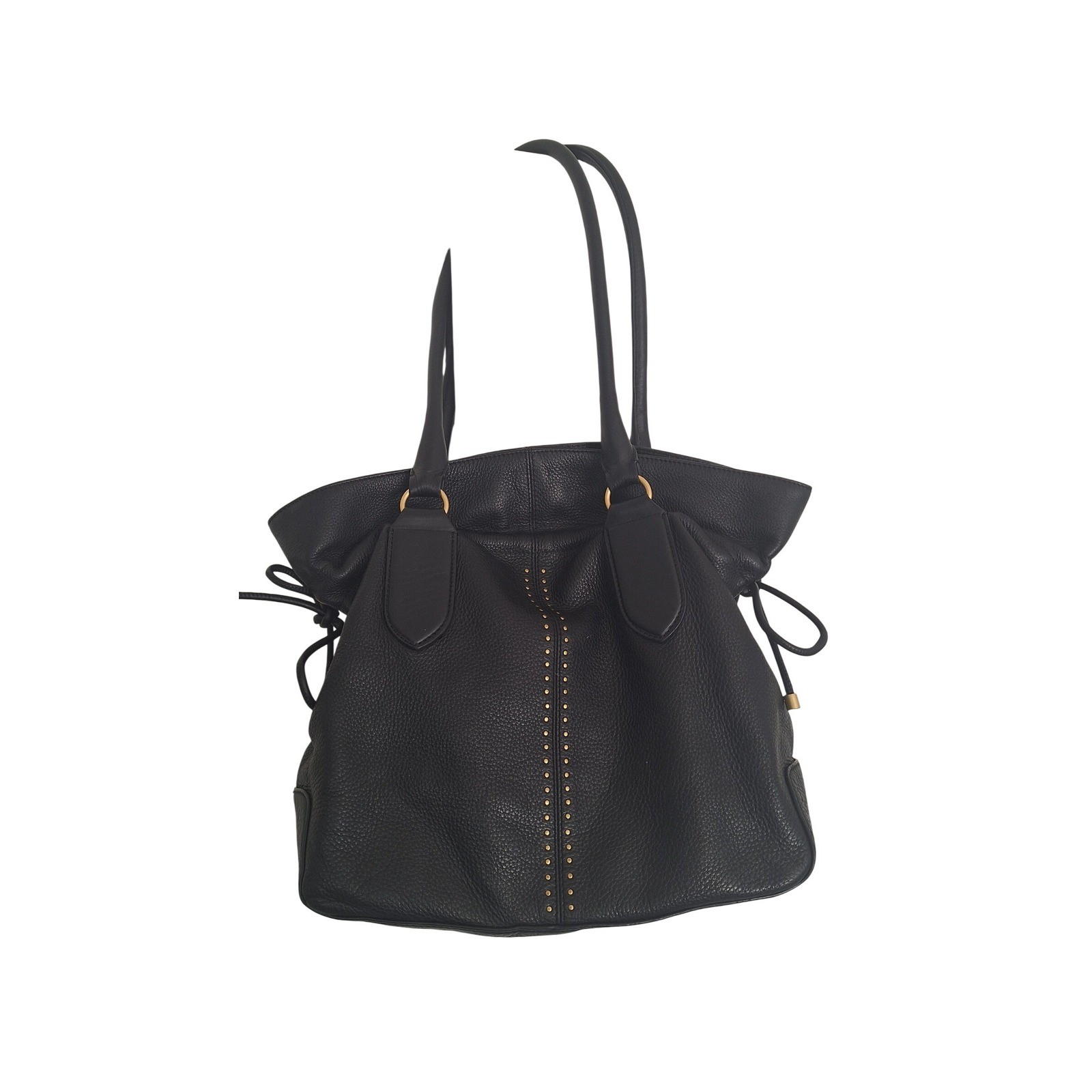 Vince Camuto Black Pebbled Leather Studded Drawstring Tote Shoulder Bag