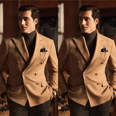 Camel Men's Suits Peak Lapel Double Breasted Dinner Party Groom Men Tuxedos