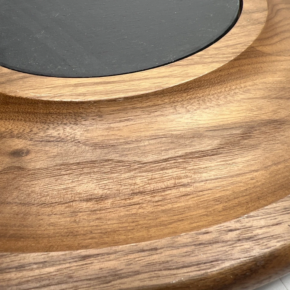 Crate & Barrel Wooden Round Serving Tray with Slate Center Charcuterie Board 14” - Image 2 of 4