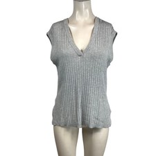 Marled Womens Ribbed Knit V-Neck Sweater Vest Heather Gray Side Slits Small