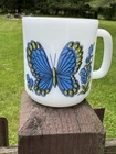 Vintage Glasbake Blue Green Butterflies  & Flowers Mug Milk Glass Coffee Cup