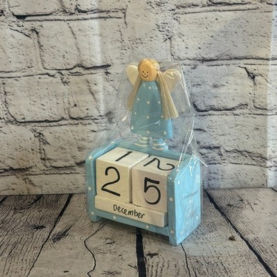 15cm Blue Hand Carved Painted Wooden Angel Block Calendar for Desk Display
