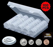 100 PCS 30MM Clear Round Coin Capsules Plastic Coin Holders White Gaskets  Box