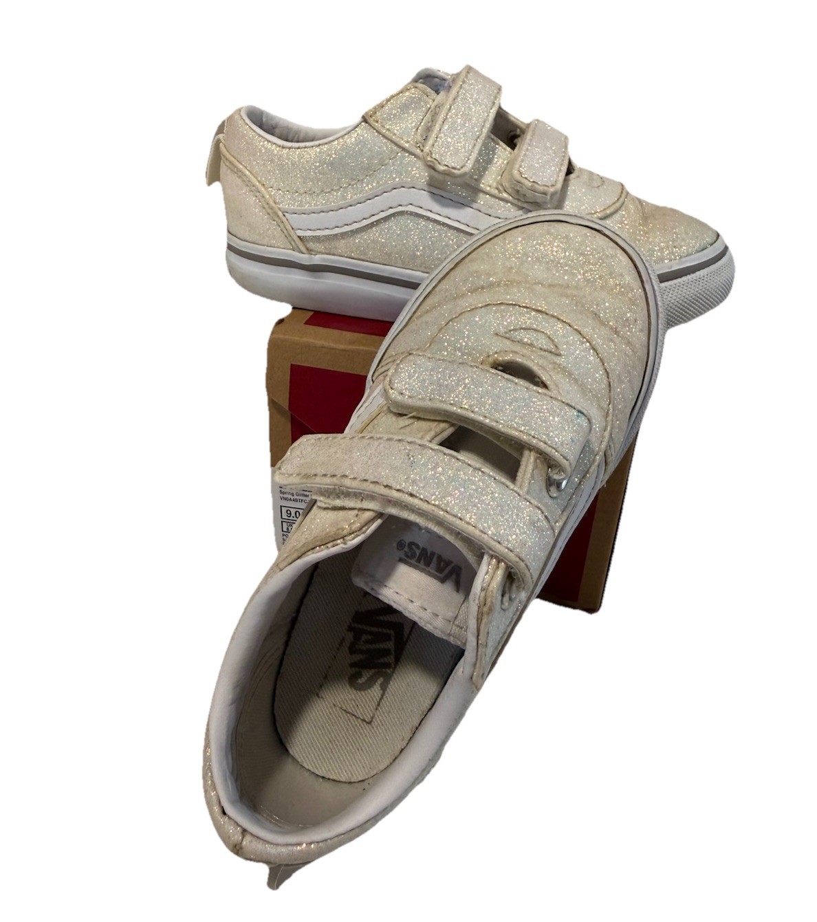 Vans Toddler White Glitter Sneakers Size 9 Hook & Loop Closure With Box