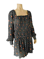 FREE PEOPLE Dress Small black shirred bodice drop waist floral print  sleeve NWT