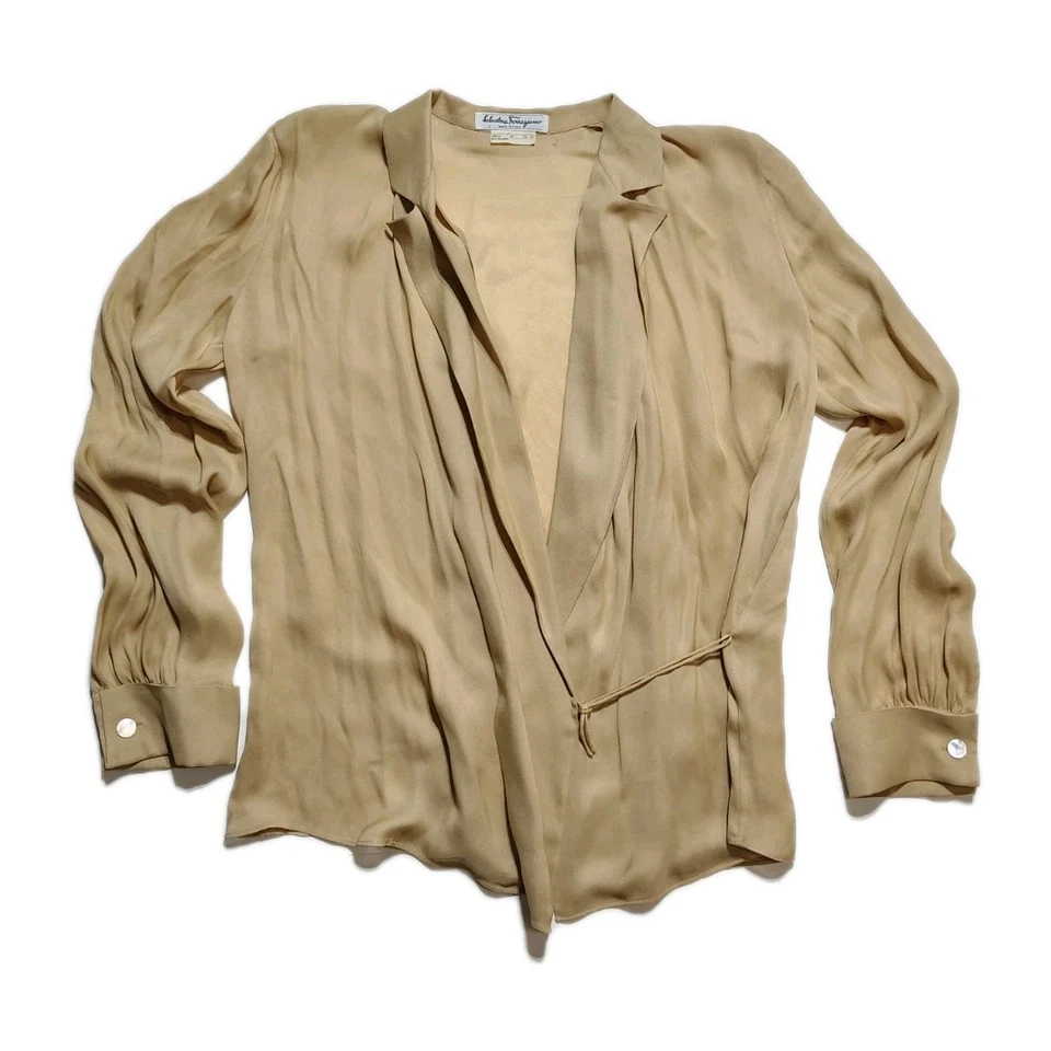 Blusa De Colección Salvatore Ferragamo 100% Seda Warp Manga Larga Perla Botones XL Foto 2 de 4
