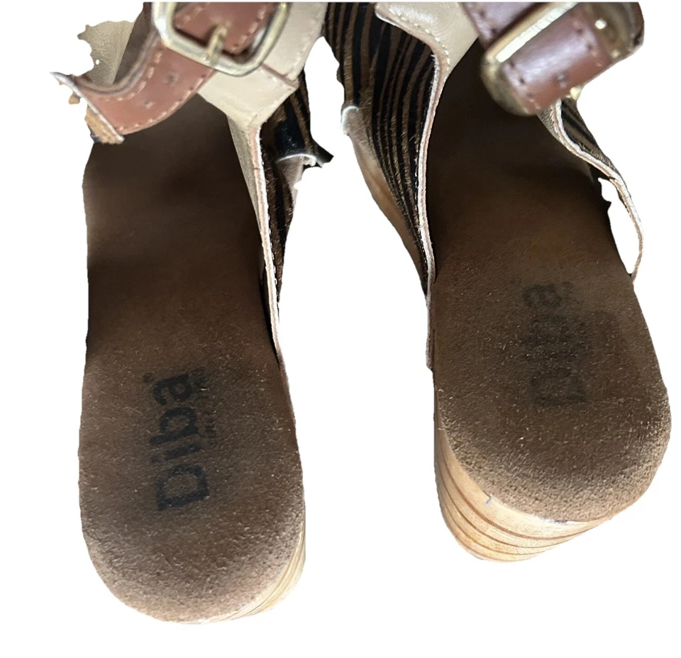 Plataforma de cebra Diba cuñas de madera cuero correas teñidas piel de vaca 8,5 Boho Y2K Foto 3 de 4