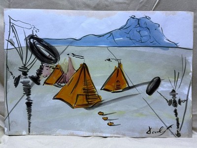 SALVADOR DALI drawing and painting on old paper signed stamped vintage