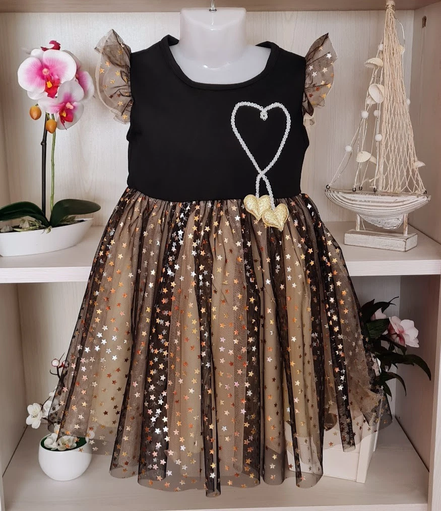 Abito Bebè Bambina Con Tutù In Tulle E Manica Lunga, Nero Elegante 6-48 Mesi