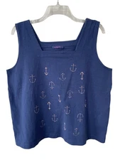 Fresh Produce Boxy Top Size XXL Blue Sleeveless Cotton Anchor Print Straight Fit