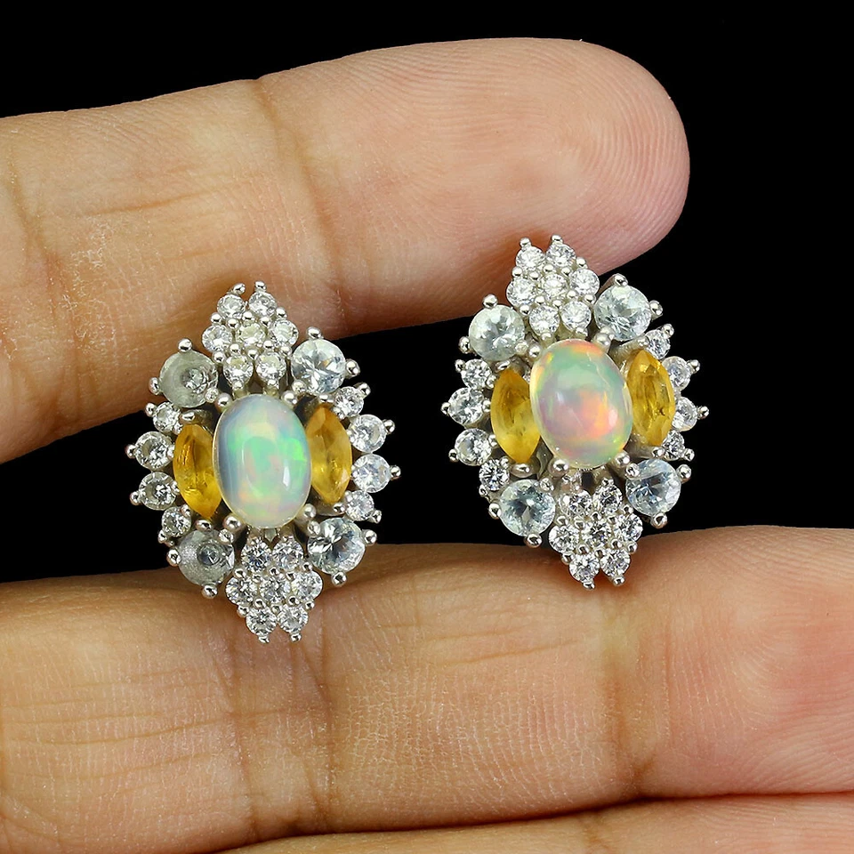 Valentinstag 925 Silber Ohrringe Oval Feuer Opal 7x5mm Natürlich Schmuck - Bild 2 von 4