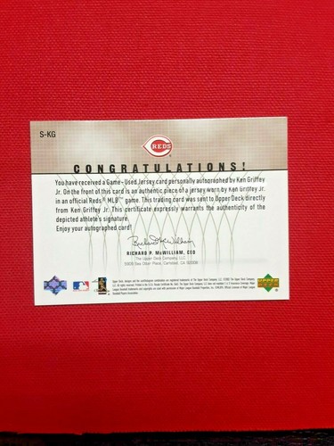 MAGLIA AUTO KEN GRIFFEY JR 2002 MAZZO SUPERIORE GIOCO FIRMATO MAGLIE CARD 218/350 - Foto 3 di 5