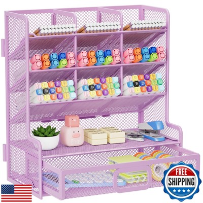Marbrasse Larger Mesh Desk Organizer with Drawer, Multi-Functional Pen Pencil