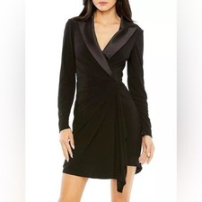 New Ieena Mac Duggal Jersey and Satin Wrap Mini Dress Black Blazer Suiting Sz 2