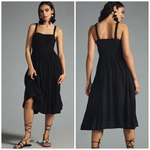 Anthropologie Kleid Damen Small Schwarz Ärmellos Gesmokt Midi Whimsigoth Gothic