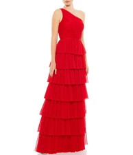 NEW Ieena for Mac Duggal Mesh Ruffle One Shoulder Tiered Gown Women Red Size 10