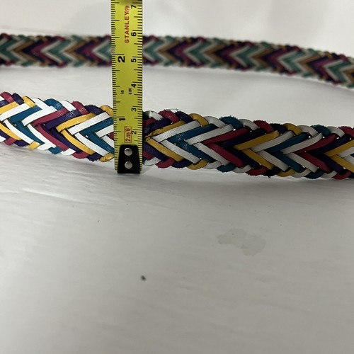 VTG Leather Belt Womens Size L Rainbow Multicolor Woven Braided Covered Buckle - Picture 9 of 10