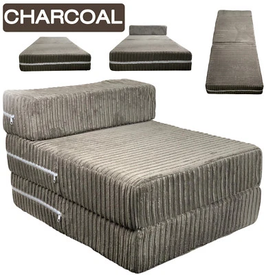 Charcoal Jumbo Cord Single Chair Sofa Z Bed Seat Foam Fold Out Futon Guest