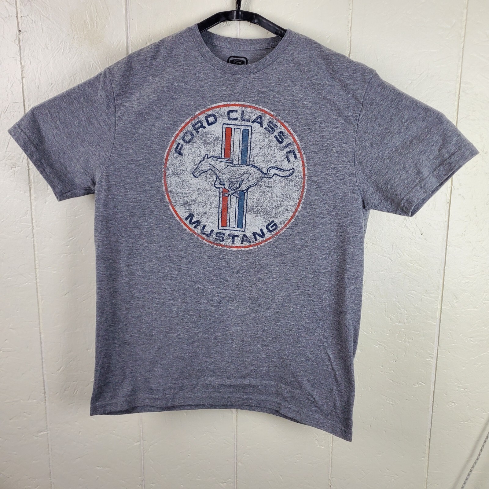 PONY Camicia Ford Mustang Uomo Large Grigia Collo Crew Manica Corta Grafica Stretch Casual