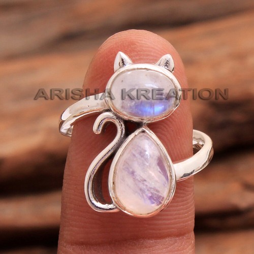 Rainbow Moonstone Gemstone Solid 925 Sterling Silver Cat Ring In Size 4 to 12 - Picture 6 of 10