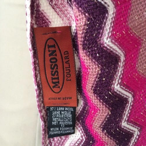 Bufanda de diseñador Missoni firma Chevron oro fibra metálica flecos rosa/púrpura Foto 2 de 4