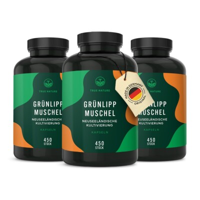Grünlippmuschel - 3x450 Kapseln, Premium: Kultiviert in Neuseeland, TRUE NATURE 