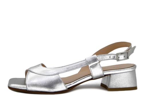 Sandali Donna in Pelle Nappa Argento 37 Tacco Basso 3 cm Made in Italy - Picture 2 of 5