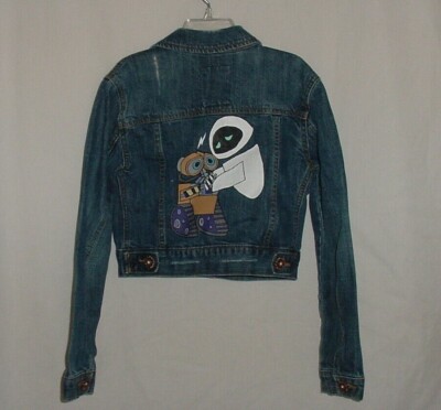 Girls CUSTOM Hand painted Disney WALL-E & EVE Distressed Denim Jean Jacket Sz 8