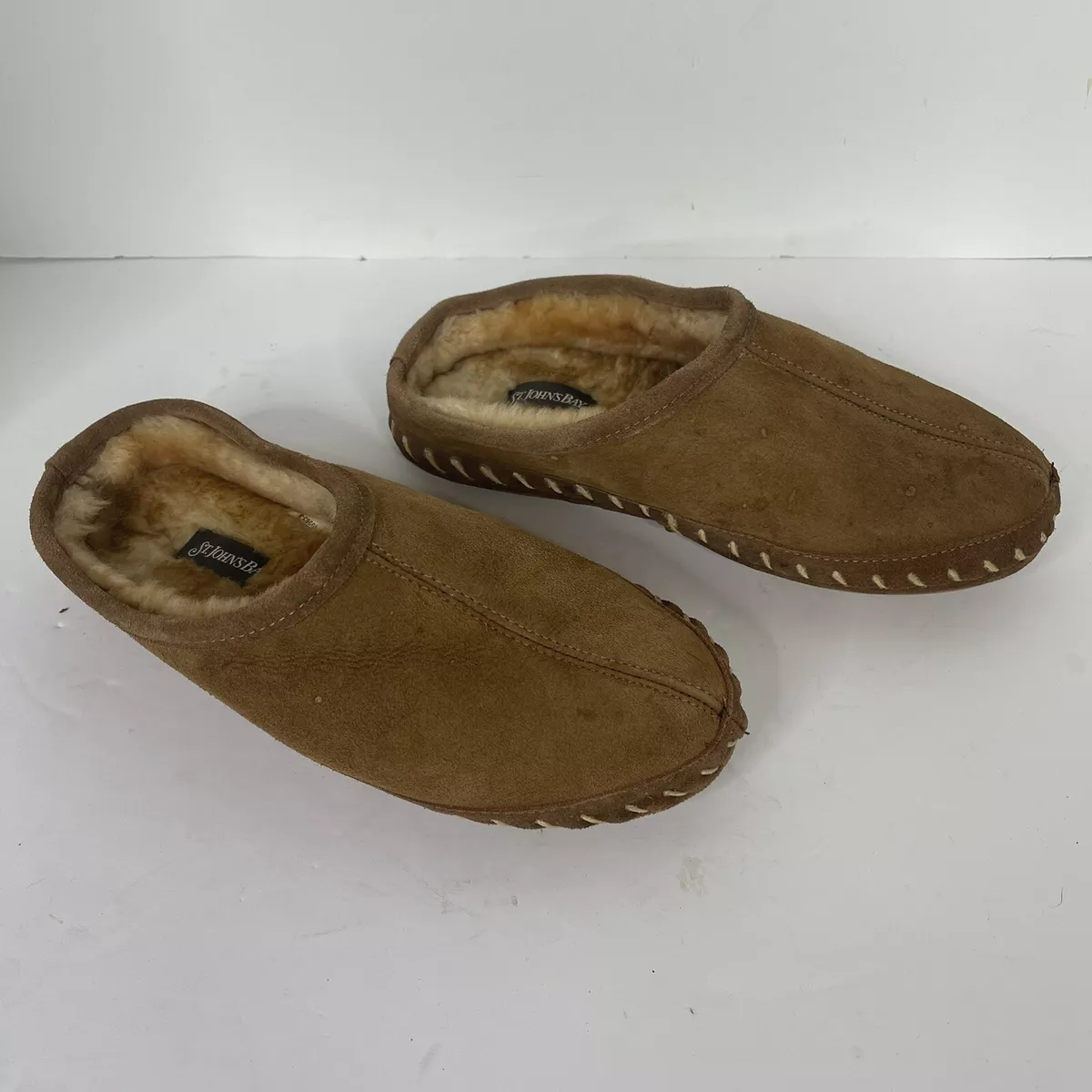 Womens St. Johns bay shearing brown suede slip on slippers rubber bottom 7