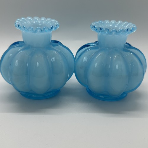 VINTAGE FENTON BLUE CASED GLASS RUFFLED EDGE MELON SET OF 2 VASES