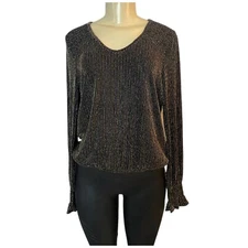 Joan Vass Dressy Cocktail Party Black Long Sleeve Women's Metallic Blouse Medium