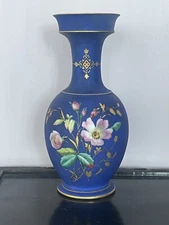 Antique Old Paris Porcelain Vase Blue Matte Finish And Polychrome Floral 19th C.