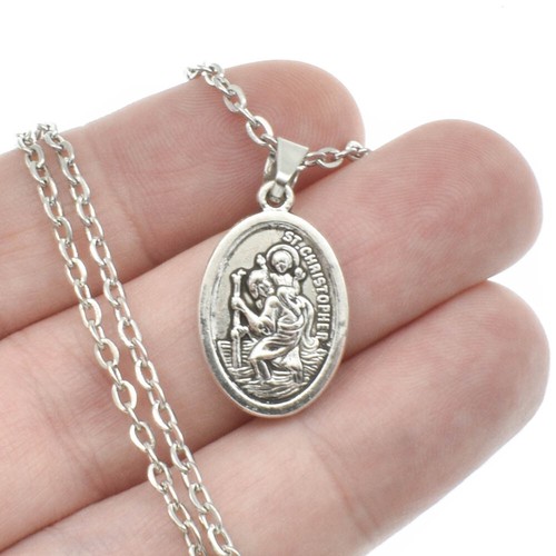 Collar colgante de cadena de 18" medalla de plata ovalada Saint St Christopher Protect Us - Imagen 4 de 12