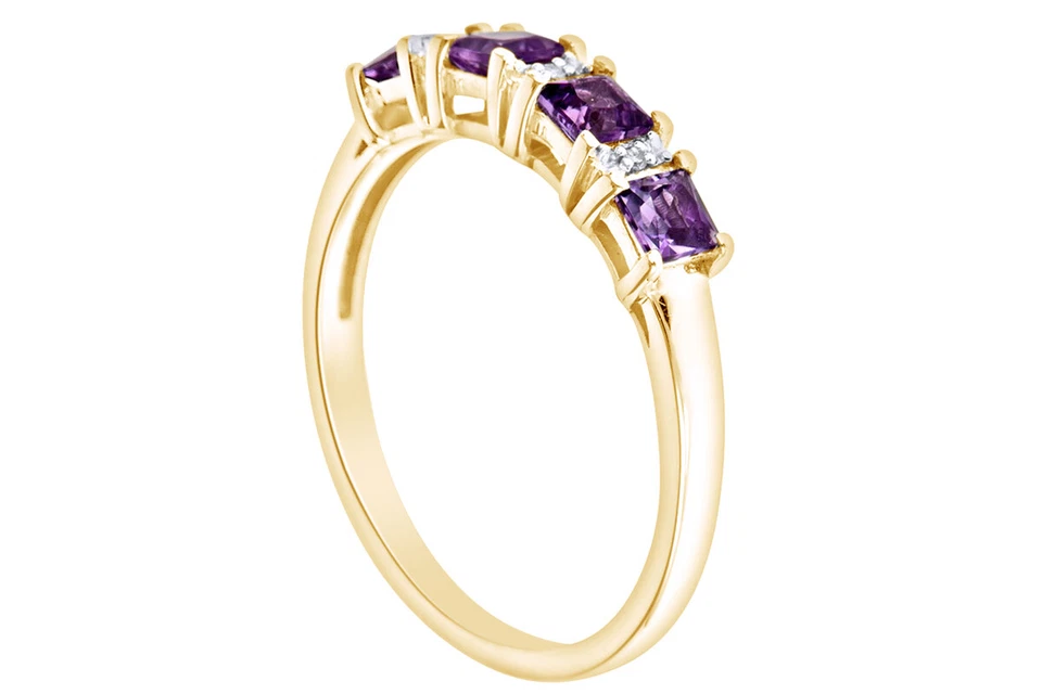 Alianza de boda anillo amatista simulado y diamante enchapado en oro amarillo de 14K plata 925 Foto 2 de 2